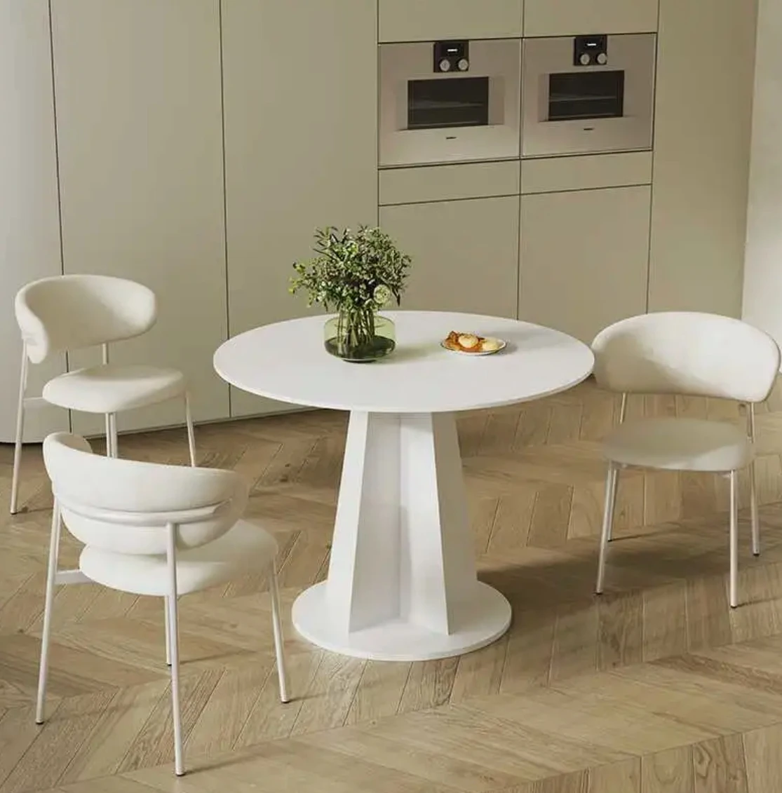 French cream style round rock dining table modern small apartment pure white home table with turntable dining table and chairs