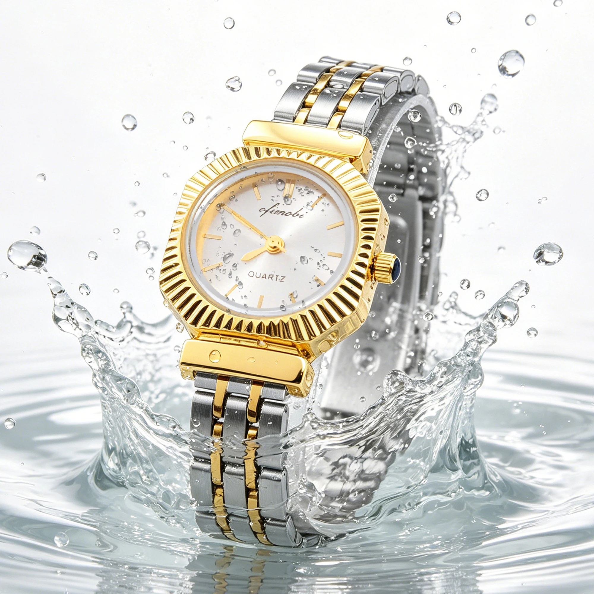 Minimalist Women's Quartz Watch 22.3mm Small Size Fluted Bezel Stainless Steel Band 30M Waterproof Casual Wristwatch