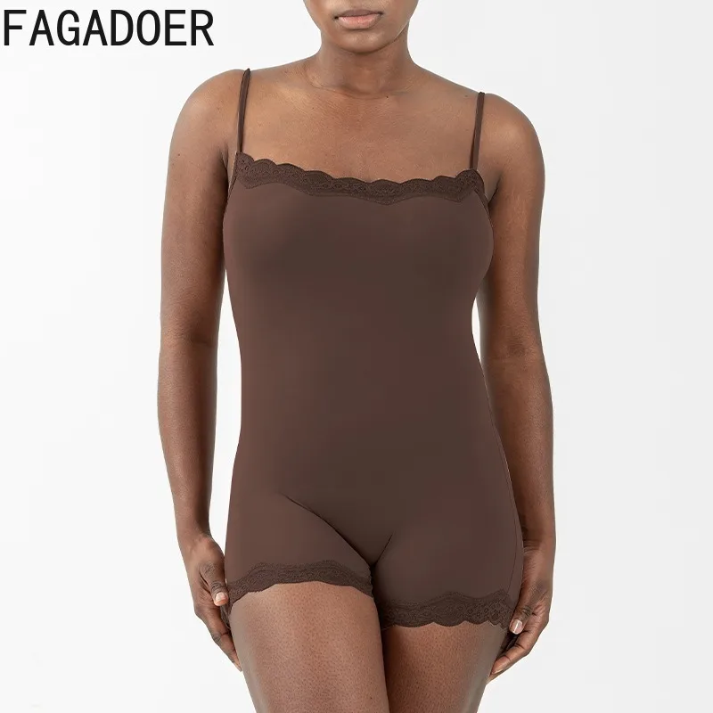 FAGADOER Summer Sexy Lace Patchwork Bodycon Rompers Women Solid Color Spaghetti Strap Bodysuit Jumpsuit Female Sportswear 2025