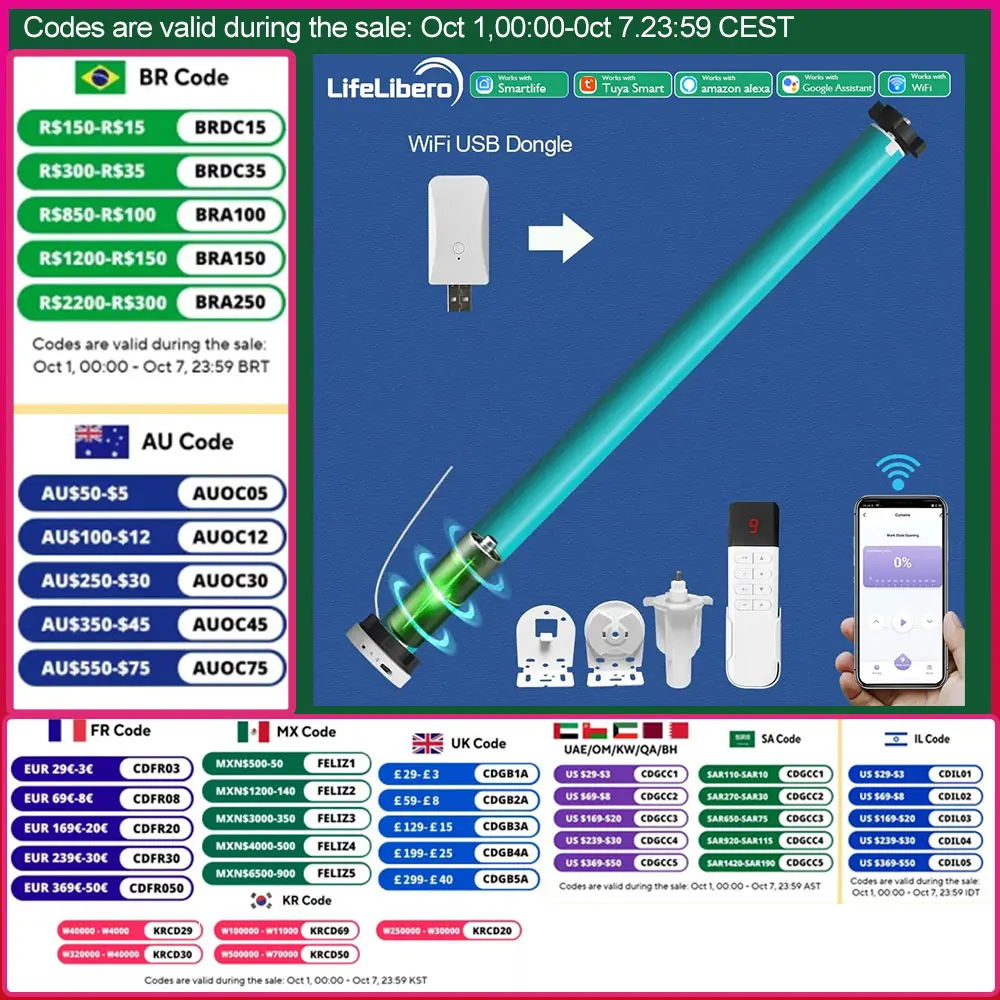 

LifeLibero Tuya Wifi Battery Smart Curtains Motor Roller Blinds For 38mm Tube Rechargeable Wired Free Shutter Electric Motor