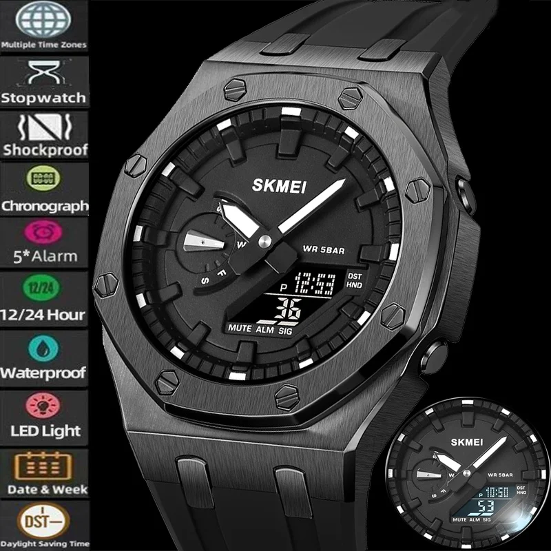 

Skmei 5, будильник, мужские спортивные часы, аналоговый цифровой дисплей, светодиодный водонепроницаемый мировое время, модный кварцевый календарь, секундомер