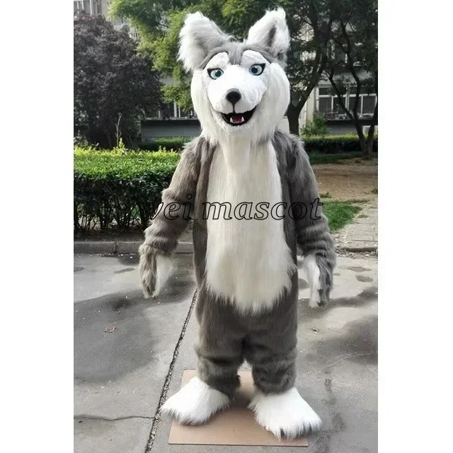 

Grey Long Fur Husky Fox Dog Mascot Costume Adults Cartoon Wolf Fursuit Halloween Christmas Carnival Party Fancy Outfits