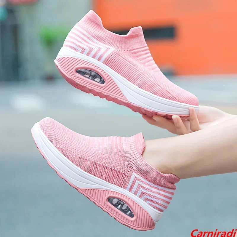 New Style Socks Flying Weave Big Size 35-42 Walking Shoes Women Breathable Casual Sneakers Ladies Slip-on Wedges Loafers Shoes