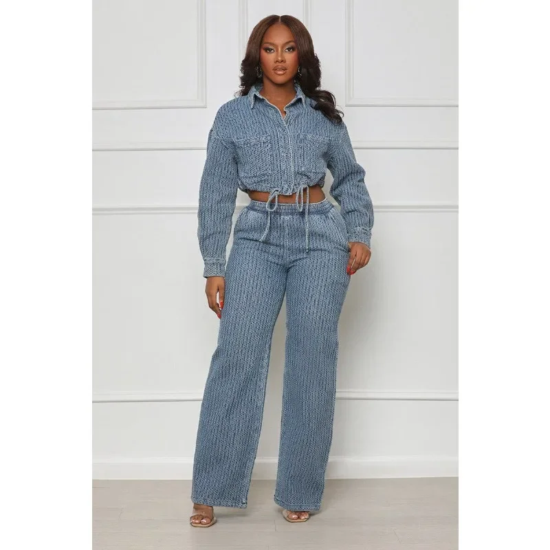 

Vintage Plaid Denim 2 Piece Set Women Autumn Turn Down Collar Single Breasted Short Jacket High Waist Pants Casual Streetwear