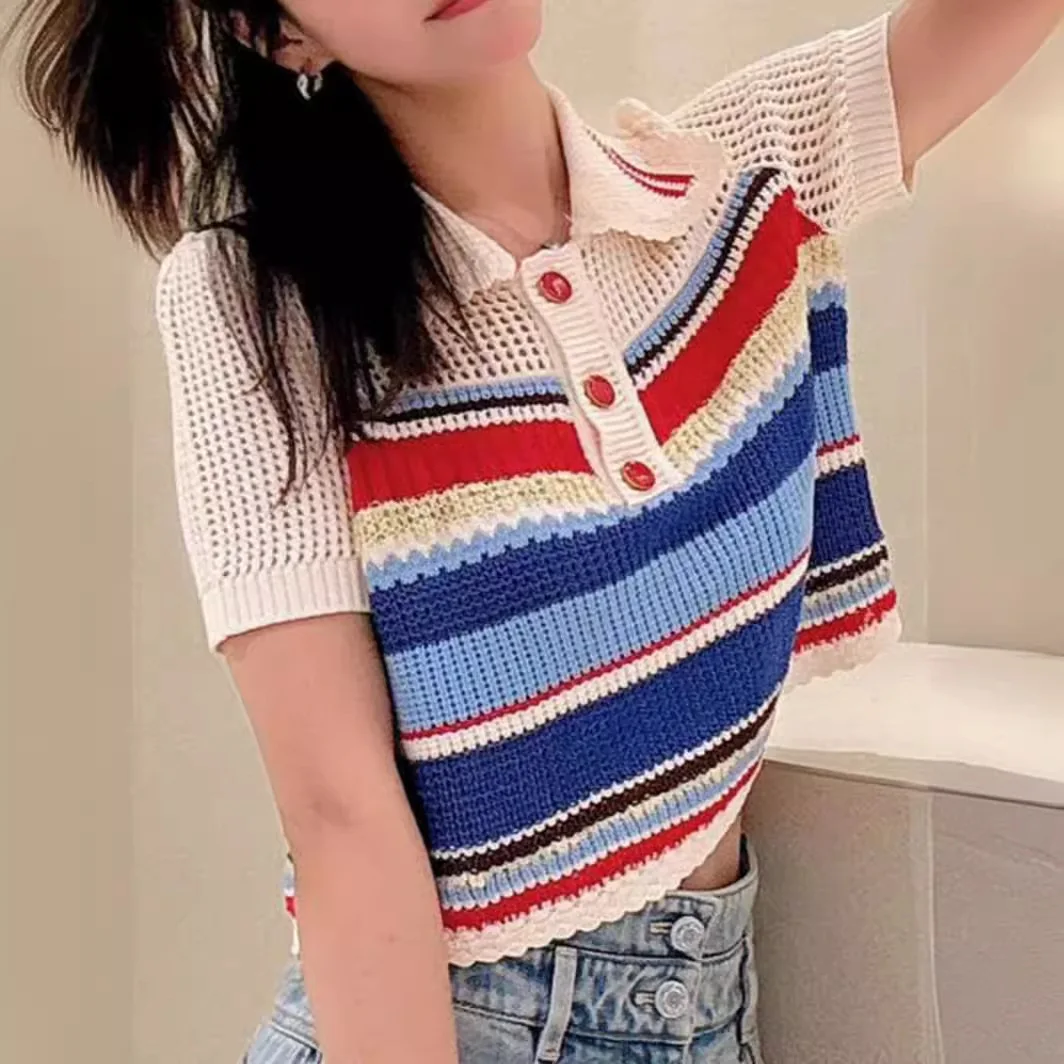 2024 summer women hollow rainbow striped sweater short sleeve slim colorful top