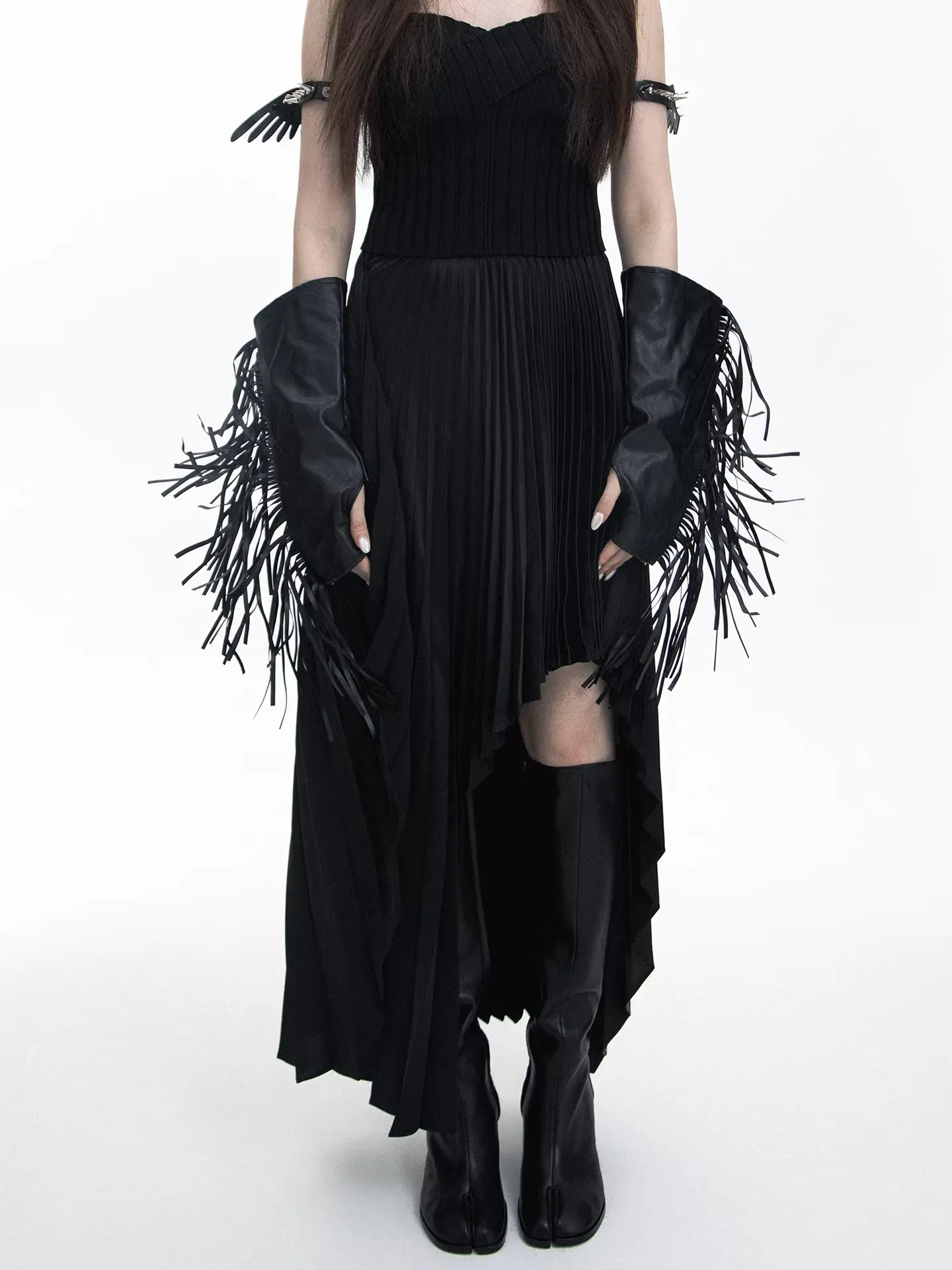 Women's Black PU leather Tassel Glove Female Fashion Performance Party Dancing Glove R2771