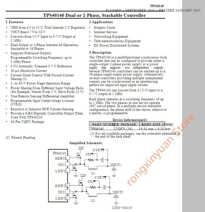 5Pcs TPS40140RHHR Marking: 40140  VQFN-36 TPS40140RHHRG4  TPS40140 Dual or 2-Phase, Stackable Controller  100% new original