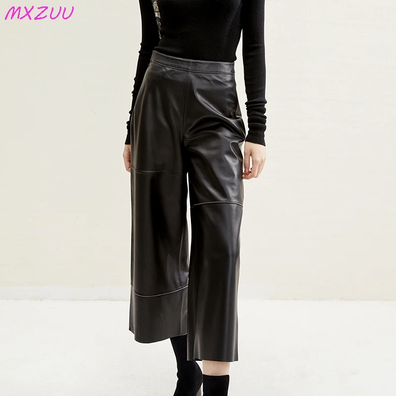 

Leather Cropped Trousers Women Commuter Style Versatile Slim Pantalon Femme Bright Line Design Real Sheepskin Straight Leg Pants