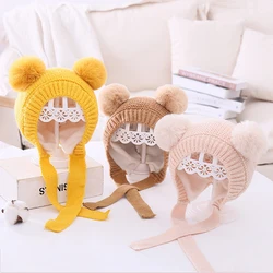 Double Pompom Baby Hat Warm Knitted Kids Girl Boy Autumn Winter Bonnet Hat Solid Color Ear Protection Children Beanie Cap Unisex