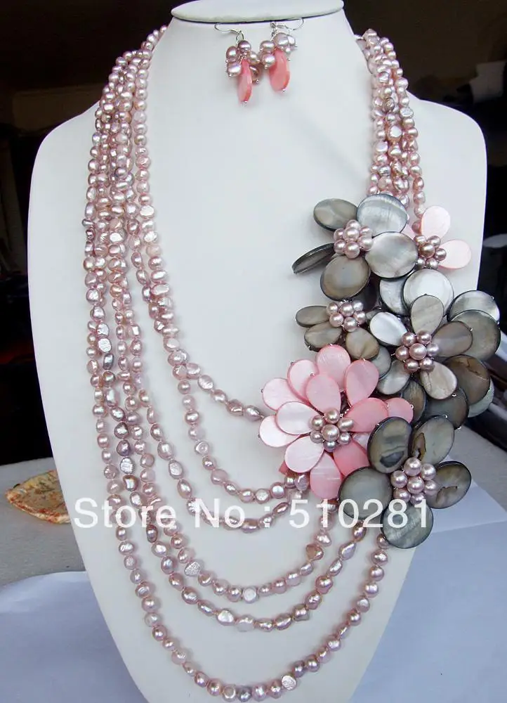 Mother  of shell flower cluster jewelry !!! 6strands pink pearl chain fashion waterfull  necklace