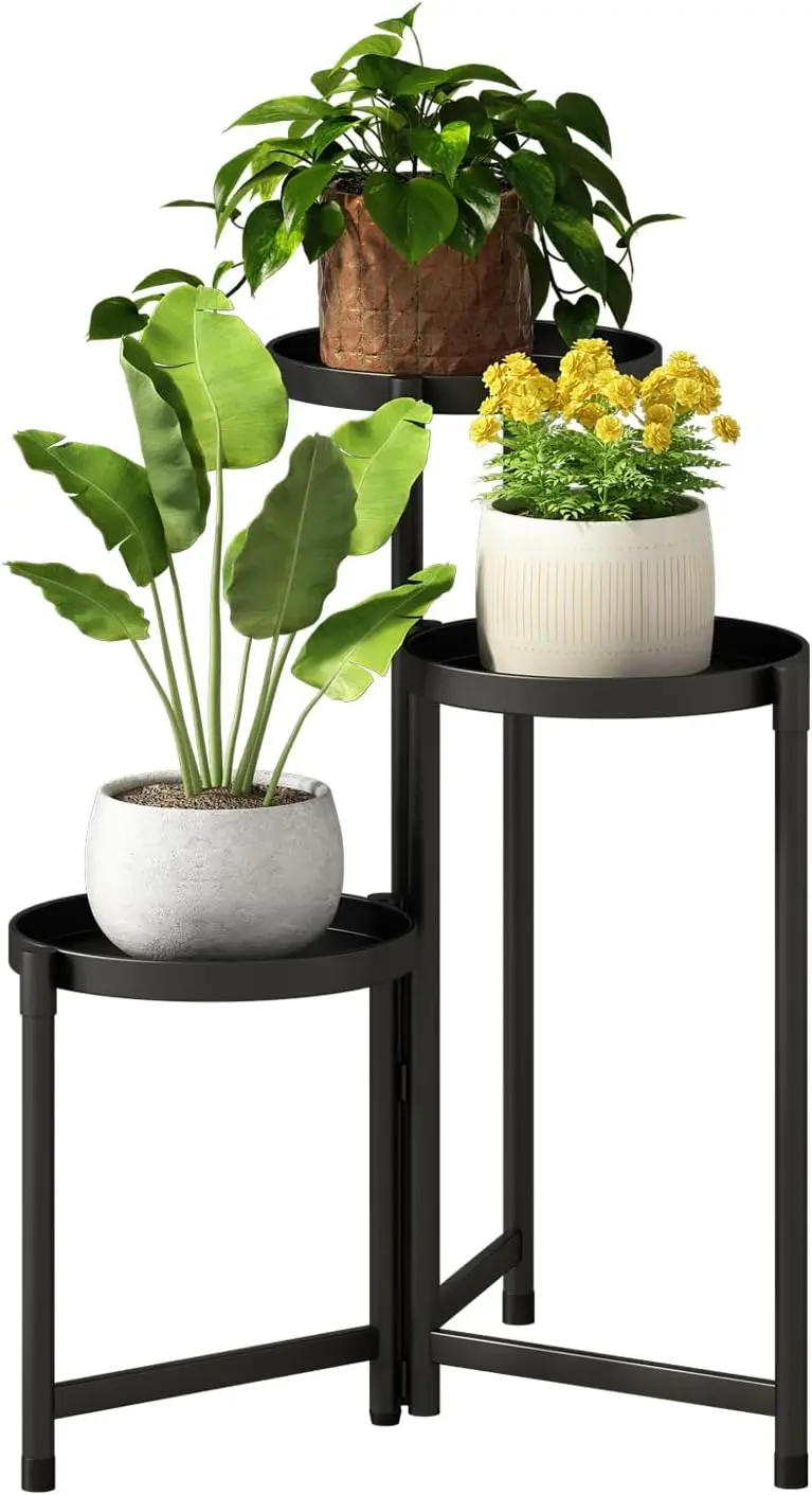 3-Tier Black Metal Plant Stand for Indoor Outdoor Use, Heavy Duty Corner Shelf for Patio Garden Balcony Living Room