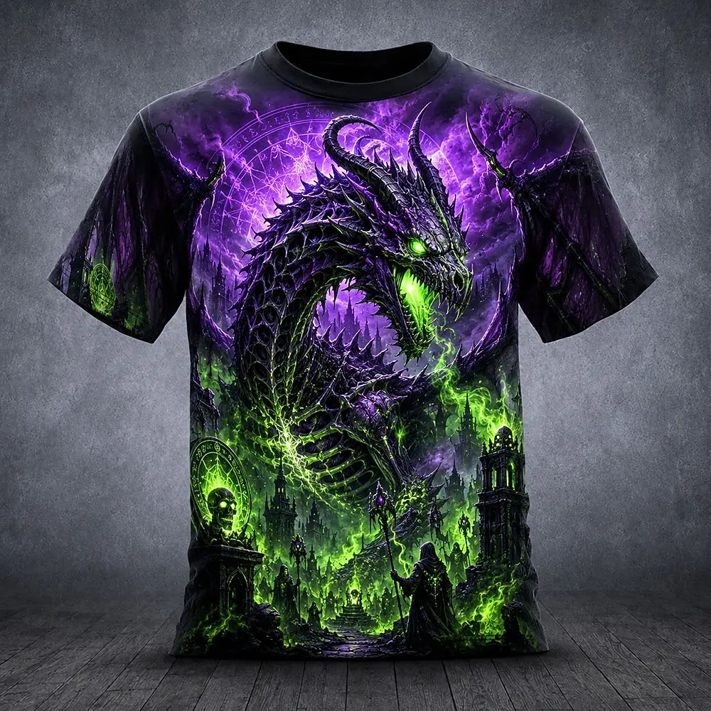 Men Fantasy Dragon 3D Print Short Sleeve T‑Shirt Dark Castle Blood Moon Magical Wizard Graphic O‑Neck Casual Gothic Halloween view 3