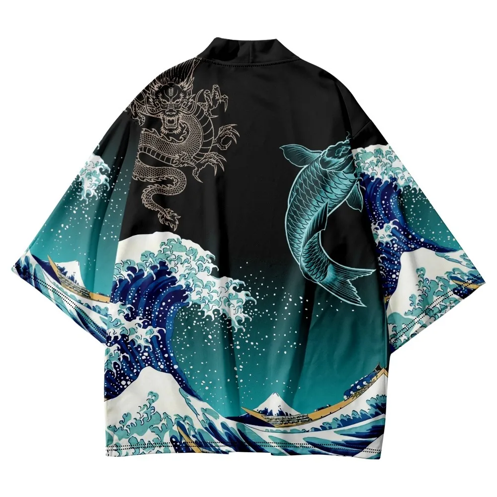 Japanese Samurai Wave Fish Print Trend Cardigan Women Men Harajuku Cosplay Shirts Yukata Fashion Haori Kimono