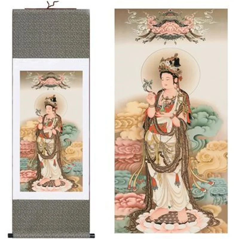 

Guanyin Bodhisattva Portrait Buddha Silk Painting Living Room Hanging Painting Religious Portrait Home Decoration Accessories