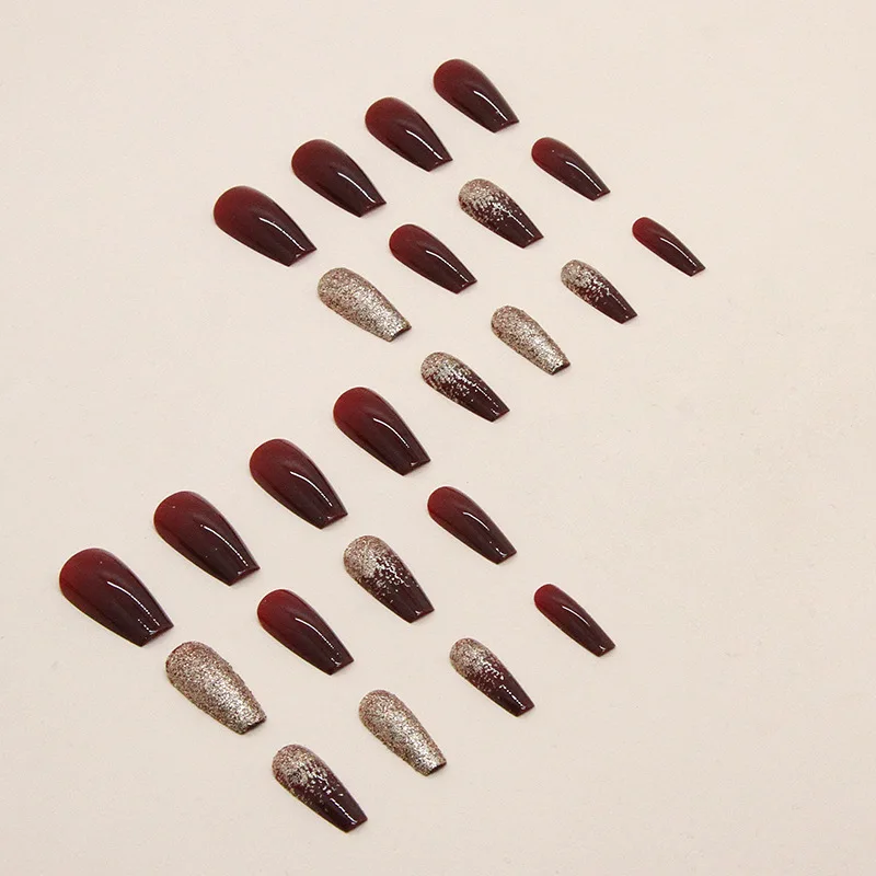 24PCS Sparkling Gold Powder Wine Red Nail Art Medium Long Fake Nail Art Festival Wearing Armor European and American Ins Style