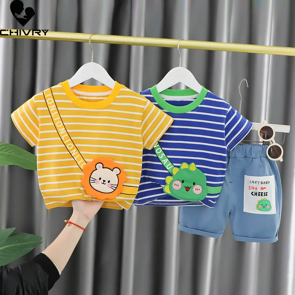 Neue Baby Jungen Mädchen Sommer Kurzarm O-ansatz Nette Cartoon Tier Gestreiften T-shirt Tops mit Denim Shorts Kleinkind Kleidung Sets