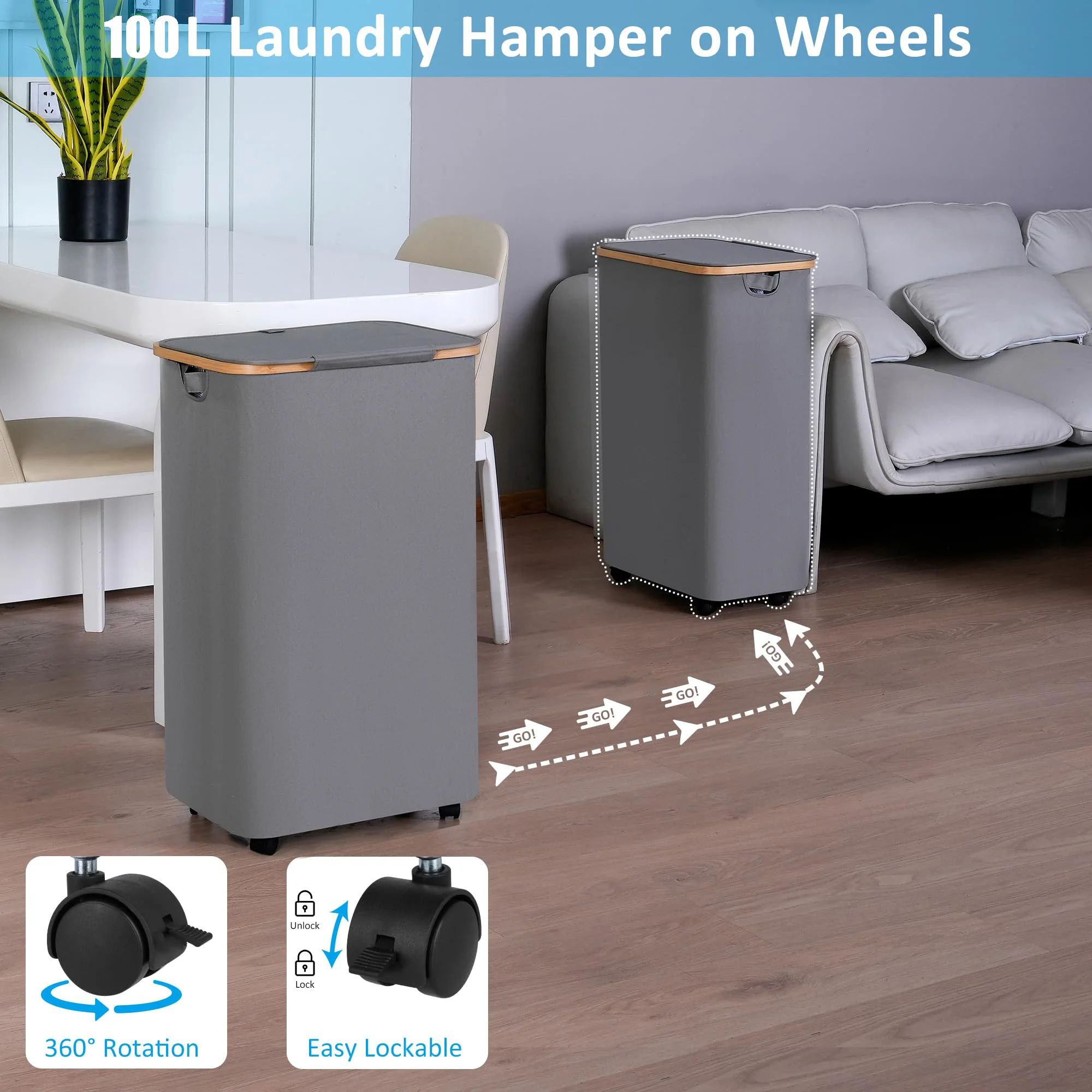 

Foldable Clothes Hamper with Wheels and Lid,110L (29 Gal) Basket with Bamboo Handles, for Dorm, Bedroom, Laundry Room, Bathroom