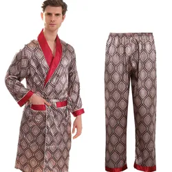 Robe Pants Pajama Set 7XL Two-Piece Men Bathrobe Shorts Suit Silk Sleepwear for Men Kimono Home Soft Cozy Long-sleeved Bath Gown