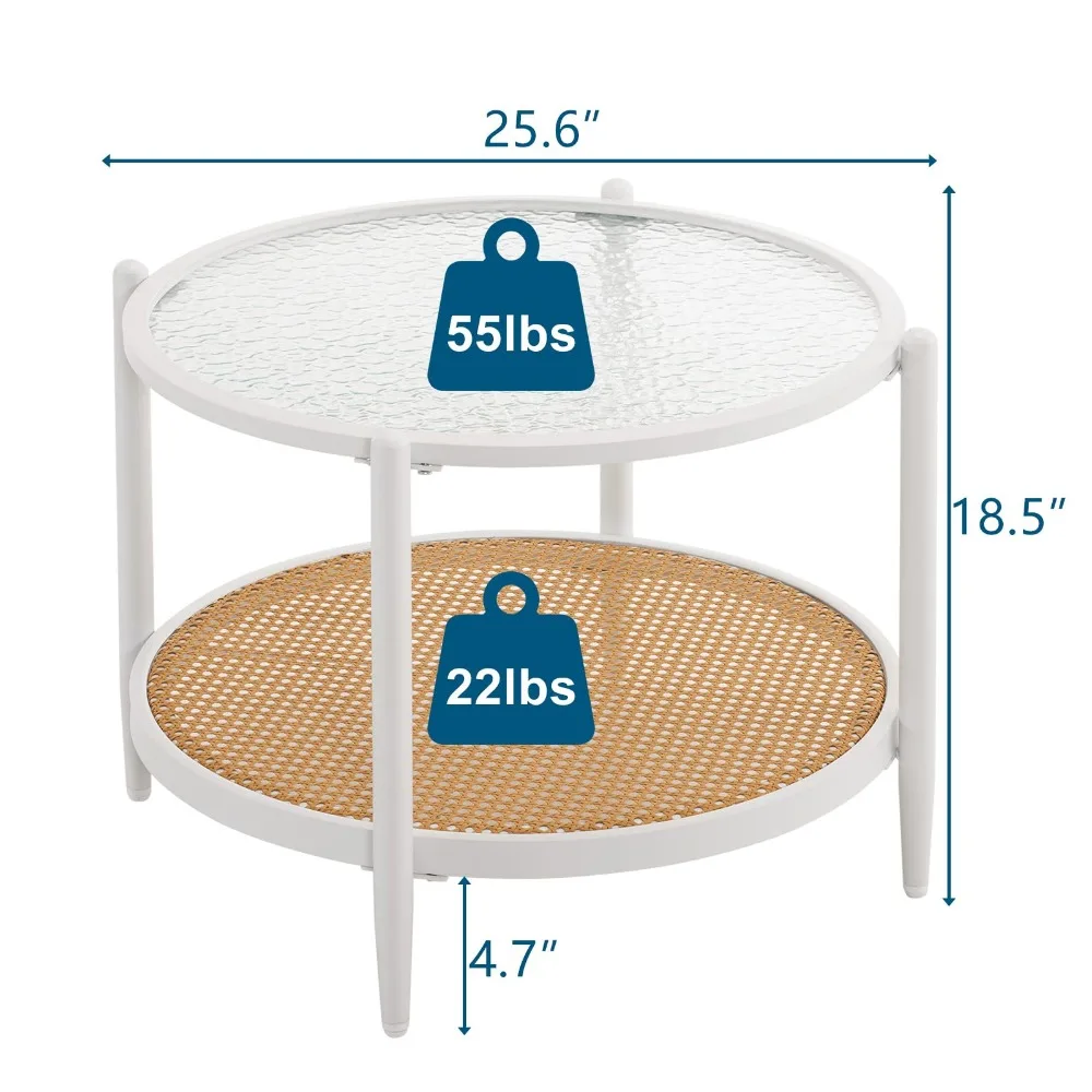 Table basse ronde en rotin de 25.6 pouces, table centrale ronde en verre et métal ondulé, table basse moderne avec rangement à 2 niveaux, table basse circulaire