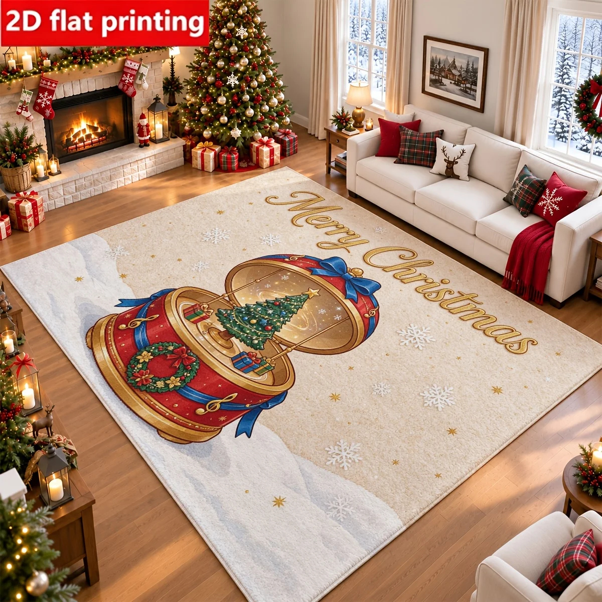 1pc 2D Flat Merry Christmas Musical Gift Box Snowflake Printed Floor Mat, Decorative Rug for Living Room, Bedroom, Home