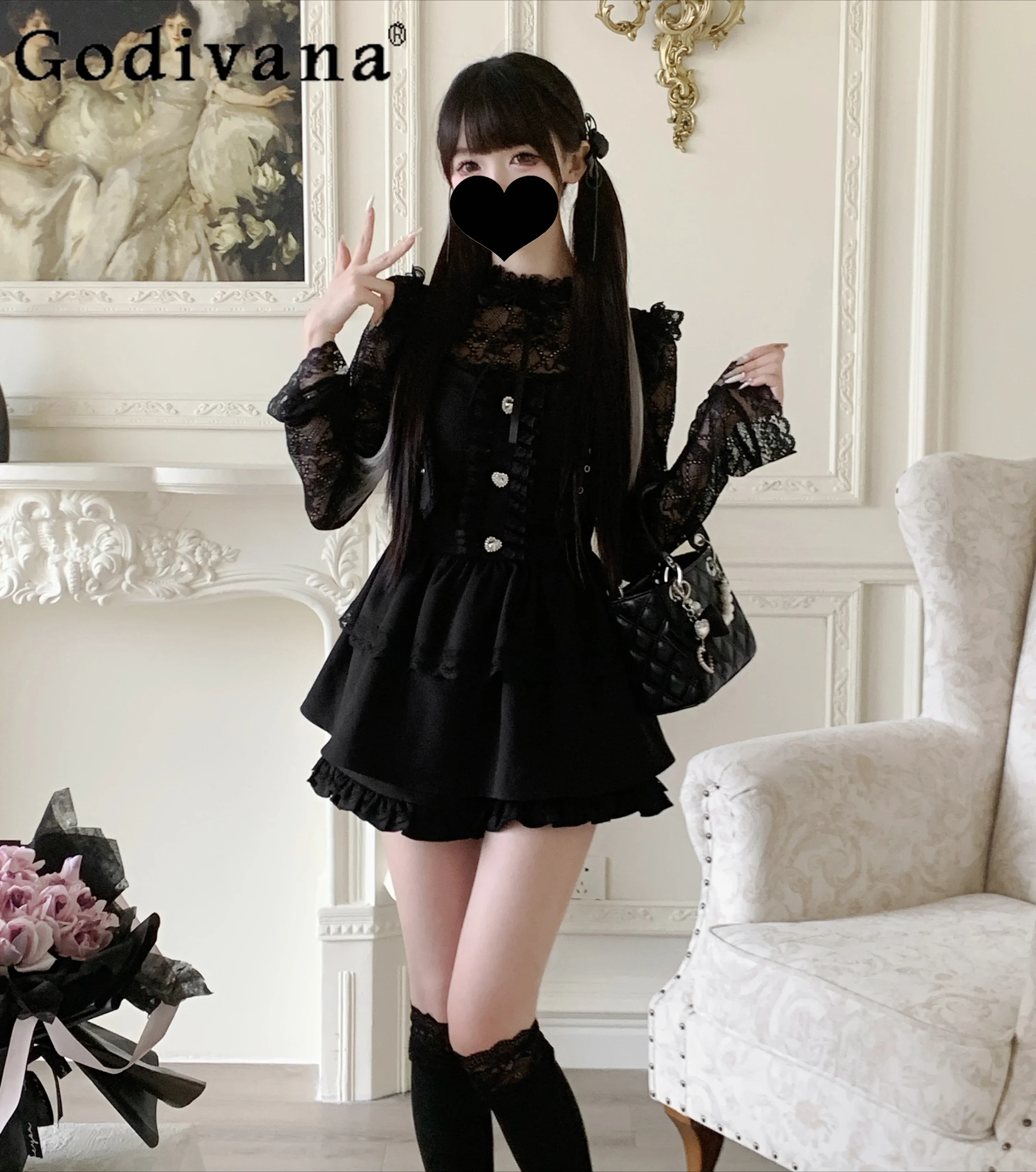 

Japanese Mine Mass- Produced Dress Shorts Set Two-piece Set Womens Autumn Slim-Fit Elegant Long-sleeved Lace Top Lolita Outfits