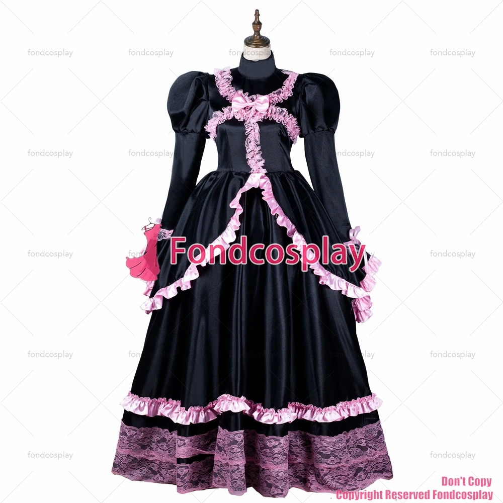 fondcosplay adult sexy cross dressing sissy maid long black satin dress lockable Uniform pink lace costume CD/TV[G2155]