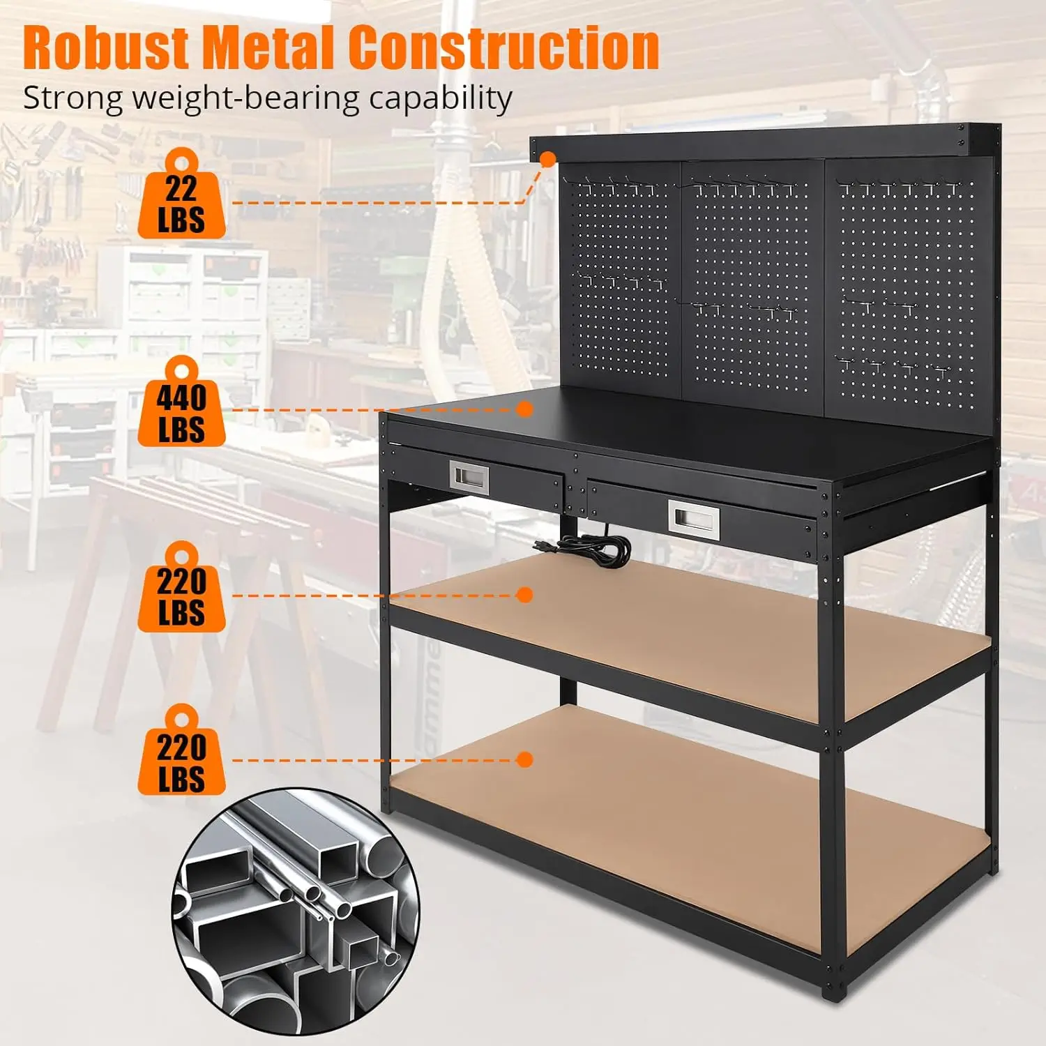 ガレージ用の頑丈なスチールワークベンチ,コンセント付きワークショップ,2つの引き出しと3レベルのペグボード,0.4の耐久性