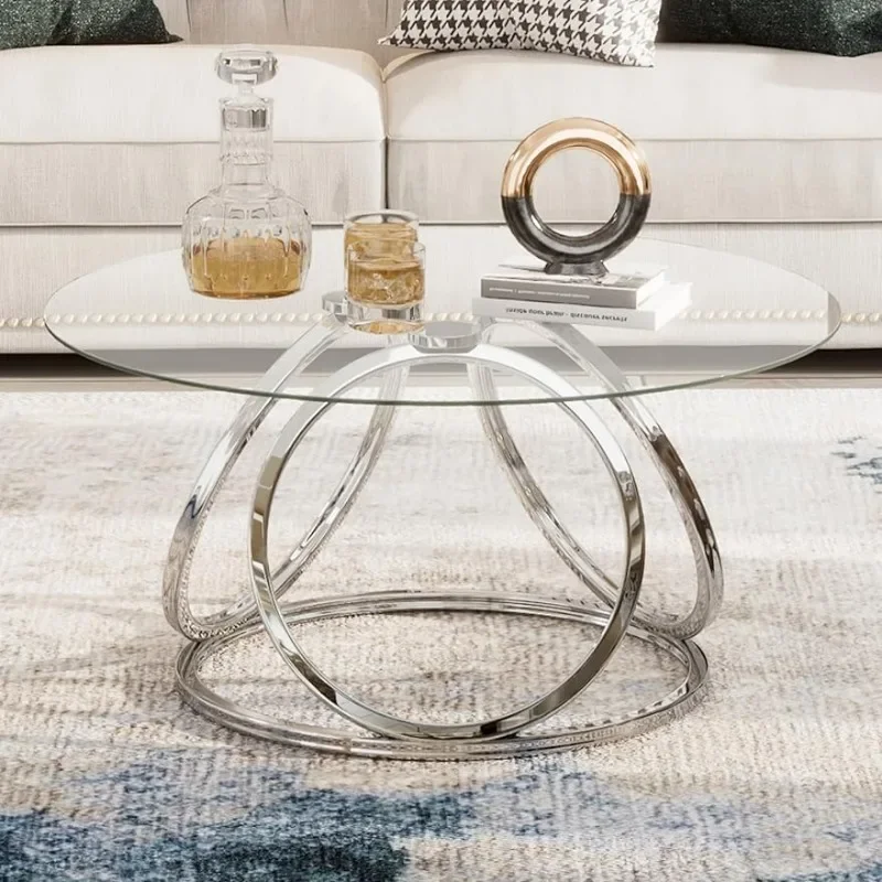 O&K FURNITURE Round Coffee Table, Modern Silver Coffee Table Living Room Table with Ring-Shaped Frames