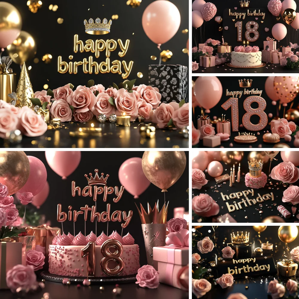 

Rose Pink Theme Kid 18th Birthday Party Background Balloon Flash Cake Booth Banner Poster Adult Kids Party Decoration Gift Prop