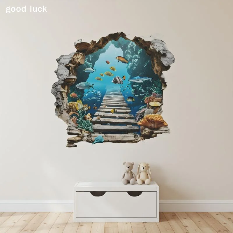 3D Wall Breaking Wall Stickers Living Room Wall Decor Boys Children's Room Underwater World Wall Stickers