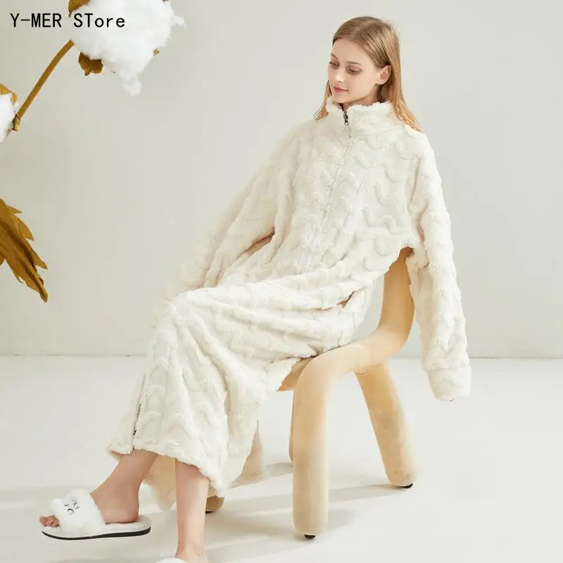 Women Winter Thick Flannel Long Bathrobe Stand Collar Zipper Solid Color Warm Kimono Loungewear Home Robe