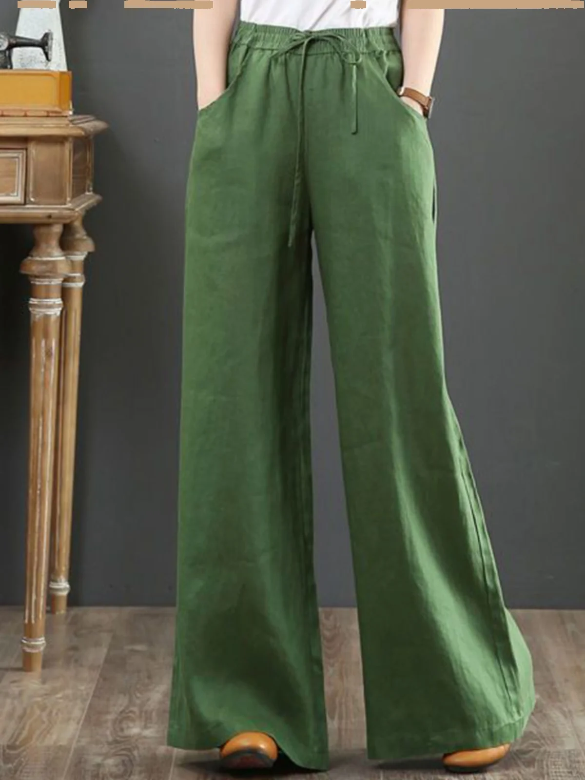 High Waist Straight Leg Wide Leg Pants Women's Pure Color Cotton Linen Casual Trousers Loose plus Size Commute Style