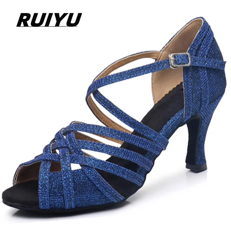 Latin Dance Shoes Women's Salsa Tango Ballroom Party Women's Shoes Blue Silver High Heel Summer Sandals Open Toe Dance Sneakers