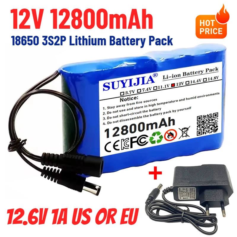 

Original New Portable 12V Battery,12800mAh Rechargeable Lithium-ion 18650 Battery Pack, DC 12.6V Charger, CCTV Audio Amplifier+
