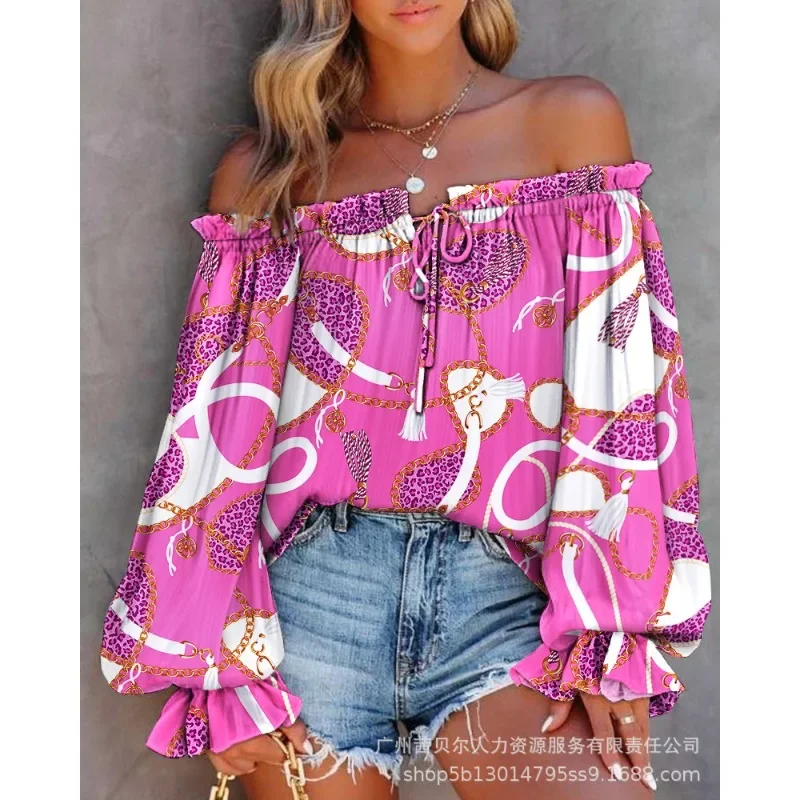 Women\'s Sexy Loose Print Pleated Blouse 2024 New Blouse Top Women\'s Fashion Flared Sleeves Off Shoulder Slash Neck Shirt