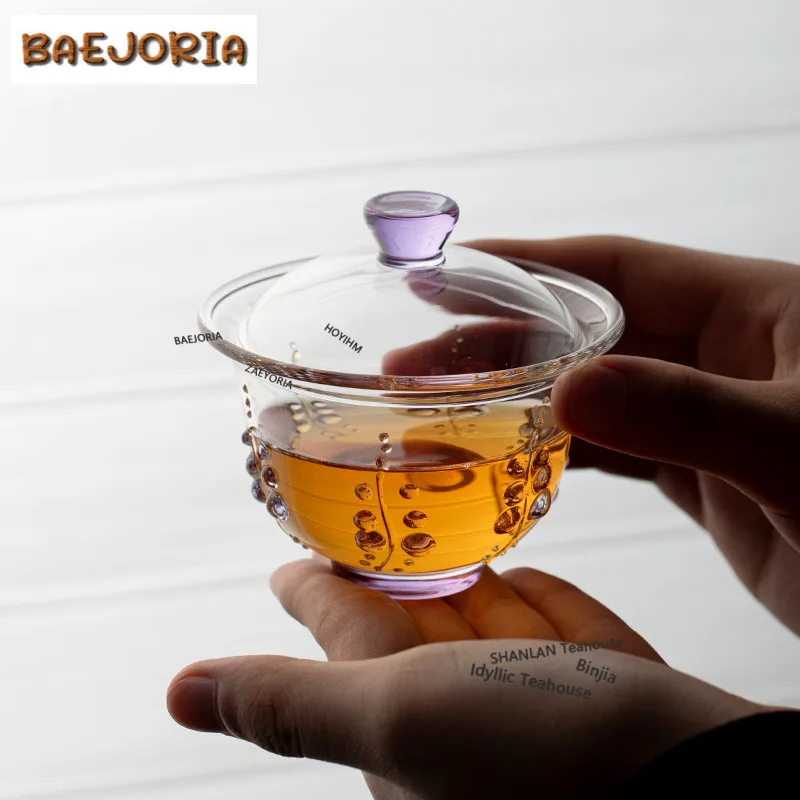 

120ml High Borosilicate Glass Wisteria Gaiwan Zen Relief Tea Tureen Tea Bowl With Lid Kit Tea Making Cover Bowl Cafes Ornaments