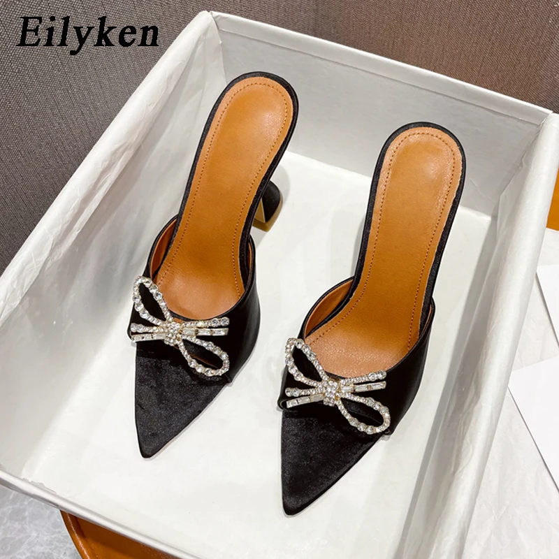 Eilyken Summer Butterfly-knot Pointed CRYSTAL Thick Heel Slippers Sexy Street Woman Square Toes Dress Shoes Zapatilla de mujer