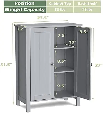 

Bathroom Floor Cabinet, Side Cabinet with Double Doors and Adjustable Shelves, 23.5 x 12 x 31.5 inches (Grey) Bathroom mirror