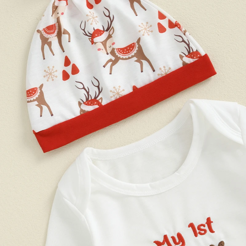 Baby Boy Girl My First Christmas Clothes Sets Long Sleeve Letter Deer Print Romper Elastic Pants with Hat 3Pcs Newborn Outfit