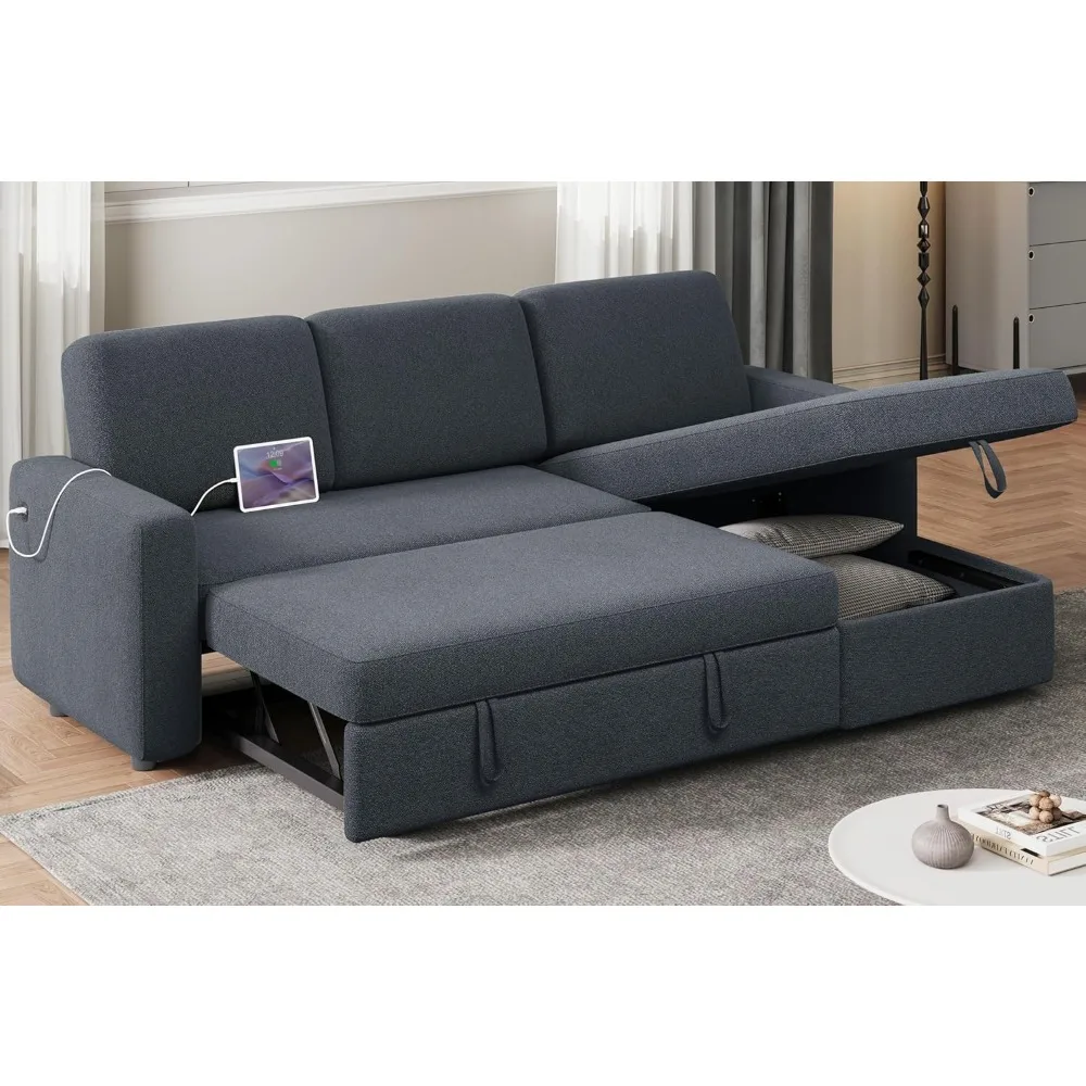 

Sectional Sofa L-Shaped Sofa Couch Bed , Reversible Couch Sleeper w/Pull Out Bed & Storage Space, 4-seat Fabric Convertible Sofa