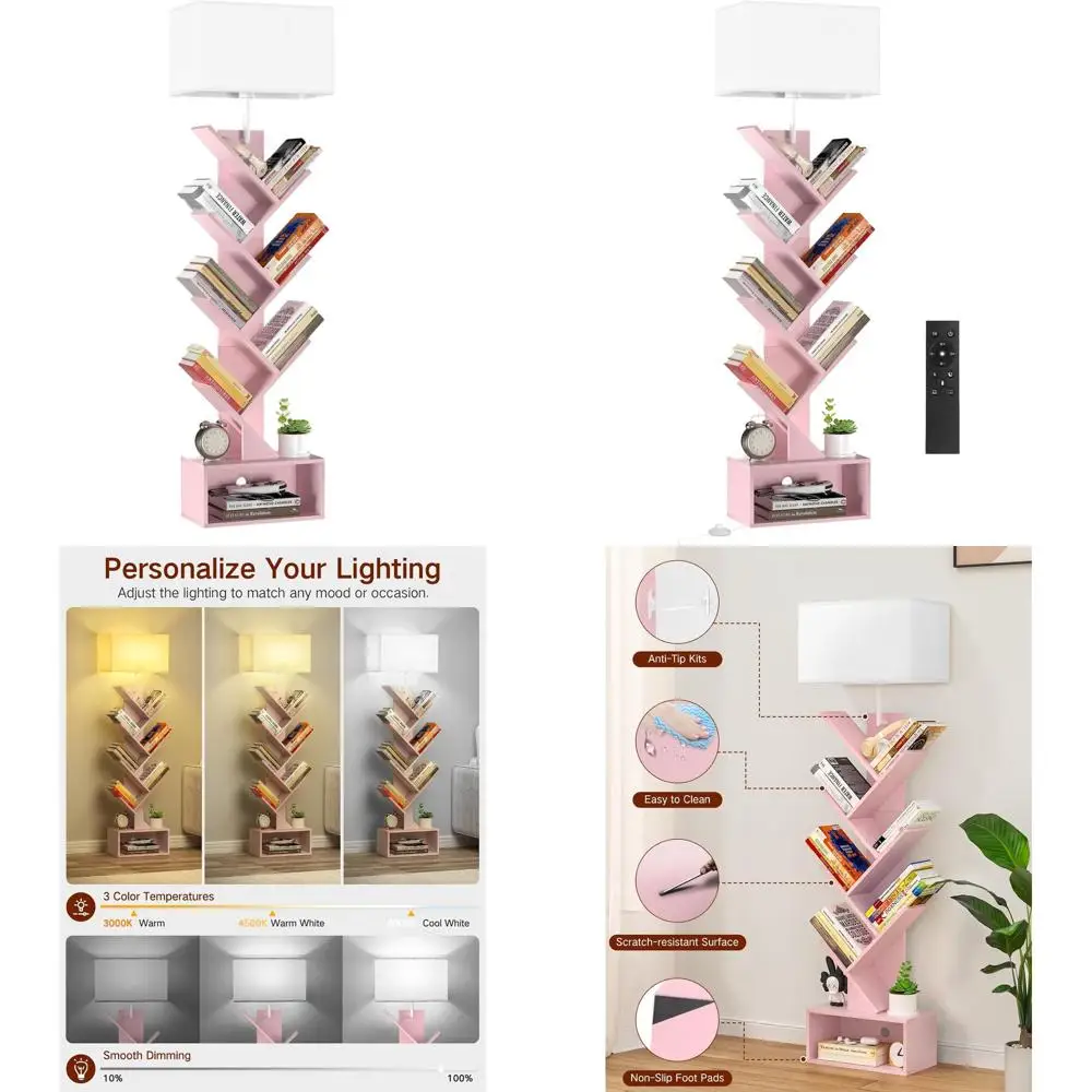 

Contemporary Tall 6-Tier Bookshelf with Light, Remote & Timer, Space-Saving Wood Bookcase for Home and Office in Pink