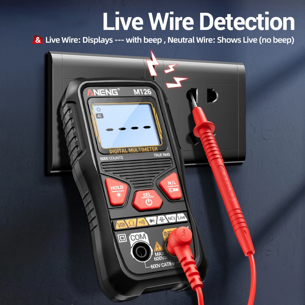 M126 Digital Multimeter AC DC 600V Voltage Capacitance Resistance Live Wire Diode Tester 6000 Counts Automatic Detect Meter