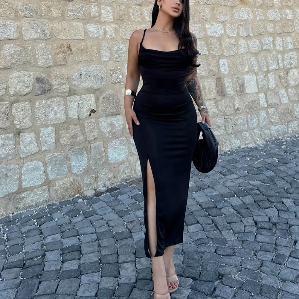 

Sexy Side Slit Spaghetti Straps Square Neck Criss-Cross Evening Dress Classic Black Jersey Sleeveless Straight Floor Length 2024