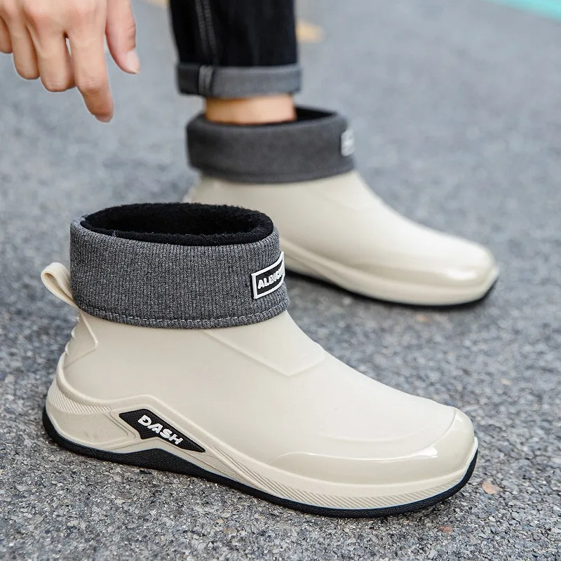 Men's Rain Shoes Waterproof Work Boots Fashion Outdoor Fishing Shoes Non-Slip Low Top Men Rubber Shoes Slip on Cotton Rain Boots view 6