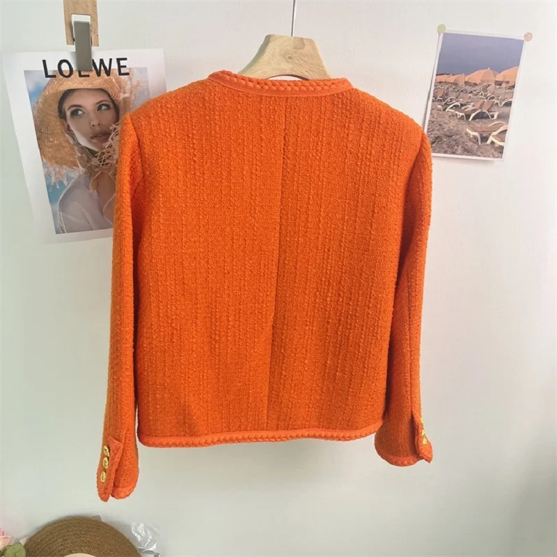 Chaqueta corta de Tweed naranja para mujer, abrigo informal de manga larga con cuello redondo, otoño e invierno, novedad de 2023