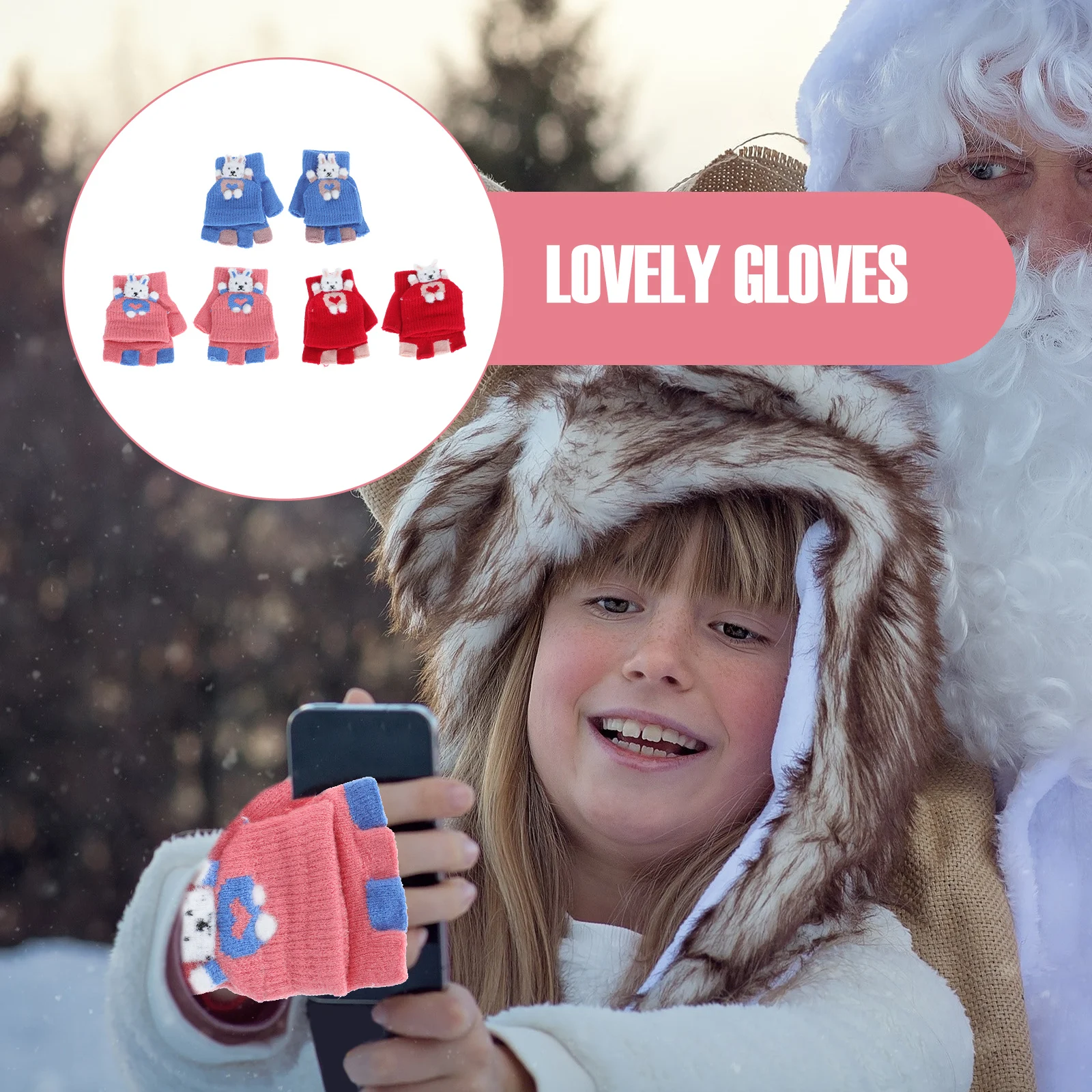 

Half finger Gloves Kids Knitted 3 Pairs Black Yarn Writing Winter Warm Non skid Flap Cover Lightweight Gloves