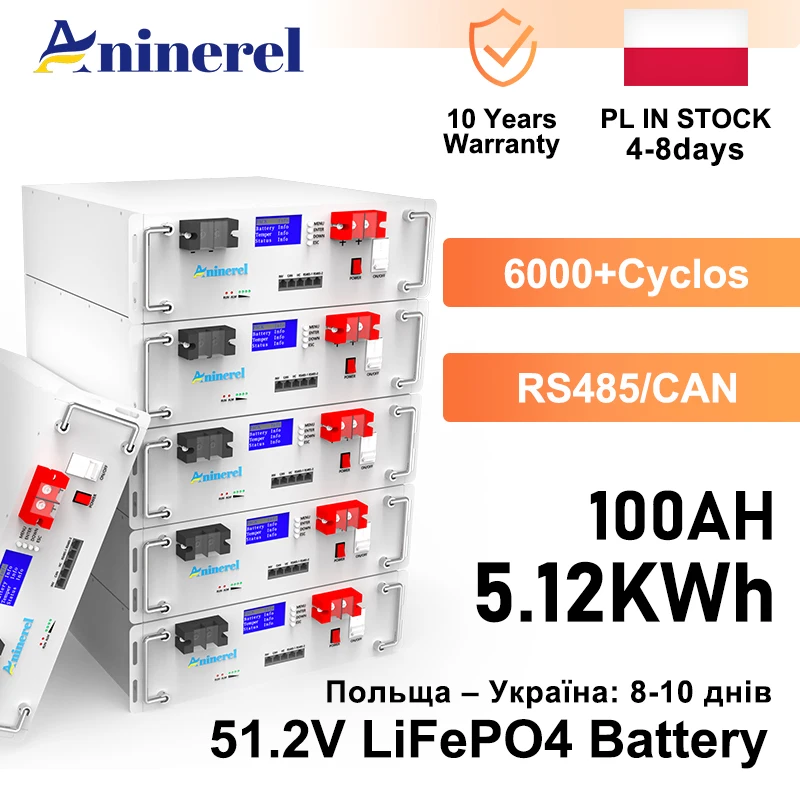 

Аккумуляторная батарея Aninerel LiFePO4 51.2В 100Ач 5кВтч, 6000 циклов, с BMS 51.2В 100Ач, для хранения солнечной энергии