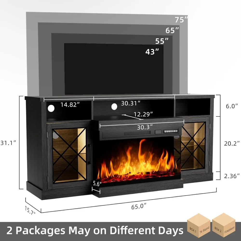 مركز ترفيه مدفأة زجاجية ثلاثية الجوانب مع مساحة تخزين وباب زجاجي لأجهزة التلفاز حتى 75 بوصة #2