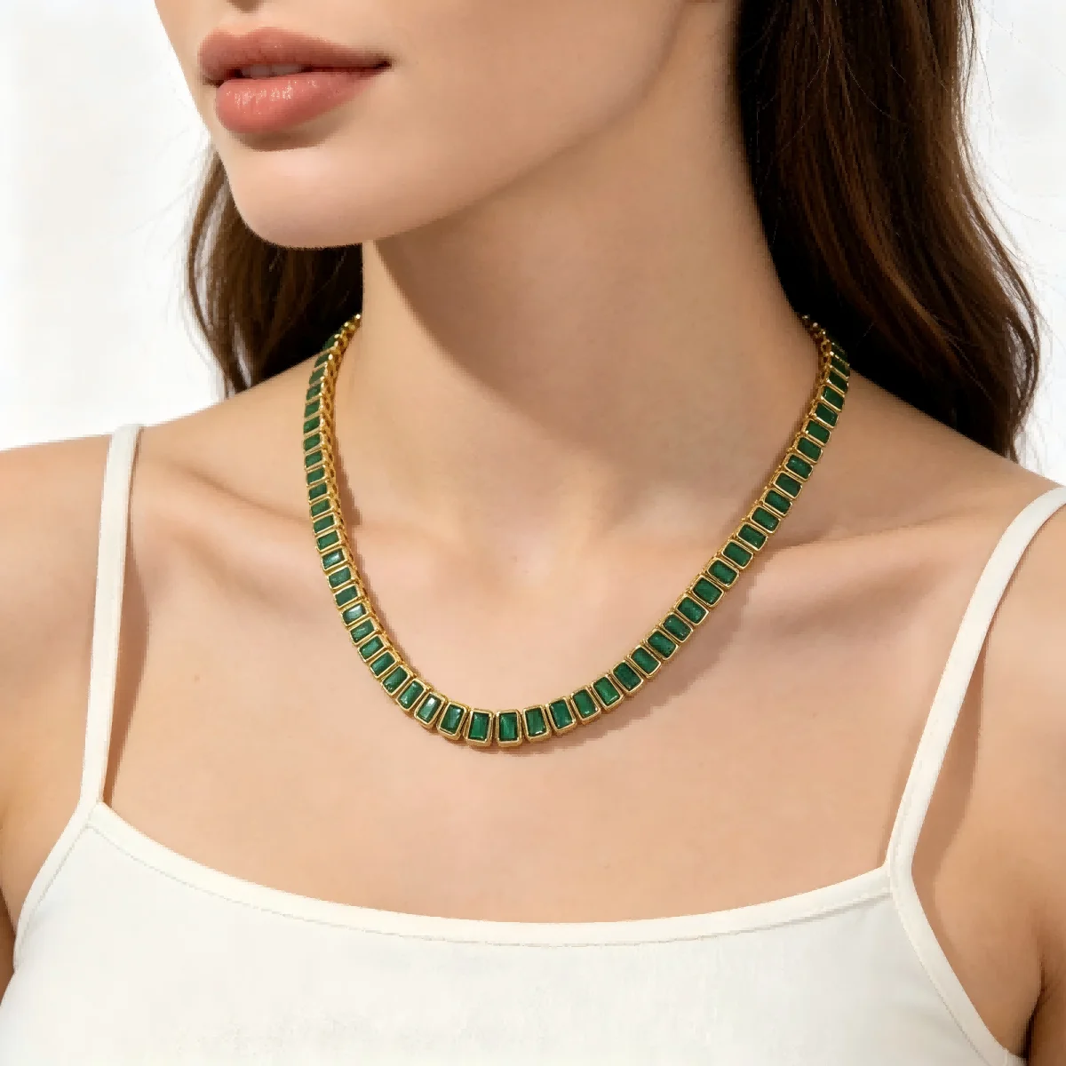 Luxury Emerald Rectangle CZ Tennis Necklaces for Women Paved Green Cubic Zirconia Gold Plated Color Fashion Jewelry for Party