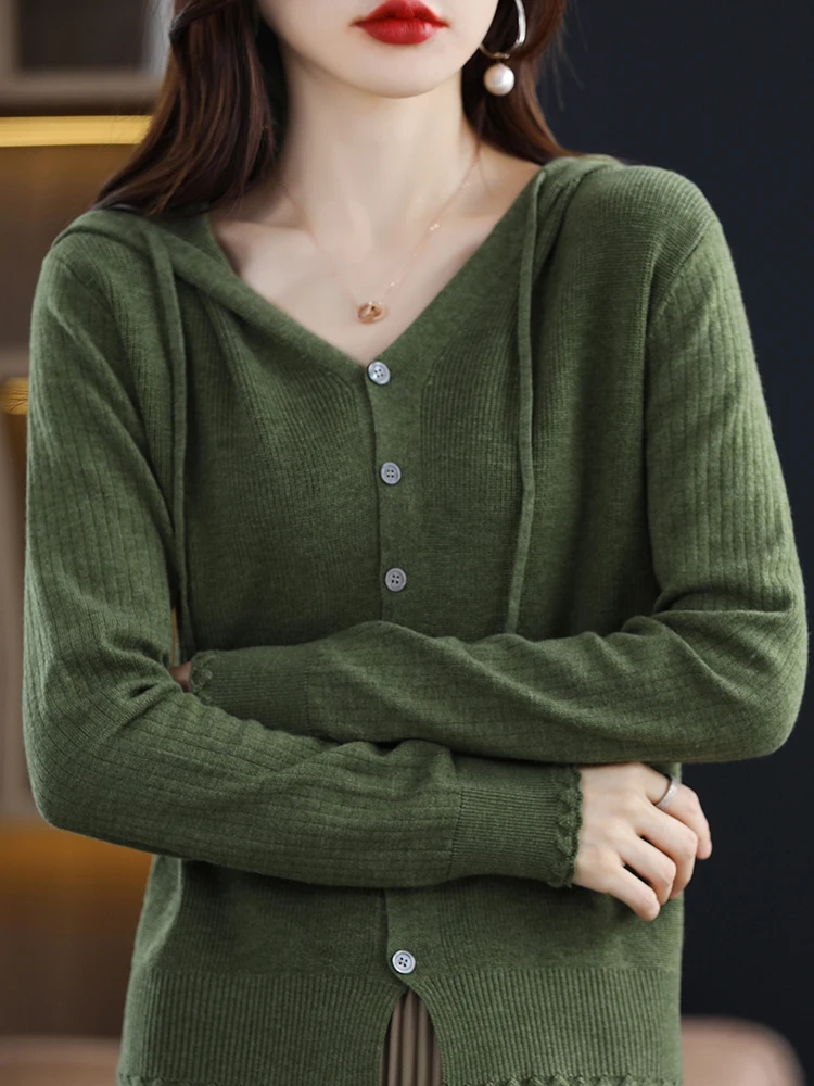 

Весенне-осенний трикотажный свитер из мериносовой шерсти с капюшоном, однотонный женский кардиган в полоску, однобортный кружевной свободный мягкий топ, базовые